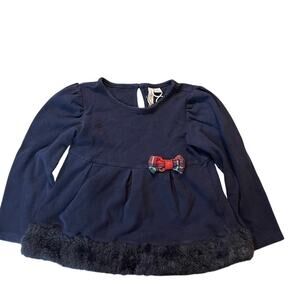 Janie and Jack Navy Top Faux Fur Trim Red Plaid Accent Bow Size Small